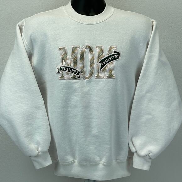 Vintage 90s Trinity Shamrocks Mom Sweatshirt High School USA White Womens Medium - Picture 2 of 8